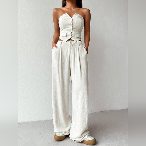 Ladies' Linen Simple Solid Color Tube Top And Long Pants Two-Piece Set - Picture 2 of 7